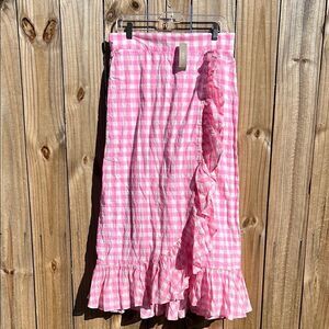 J. Crew Pink Cottagecore Long Plaid Picnic Asymmetrical Skirt Stretch Waistband